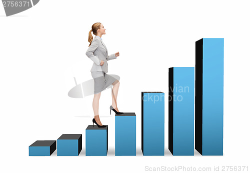 Image of smiling businesswoman stepping on chart bar