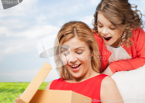 Image of smiling mother and daughter with gift box