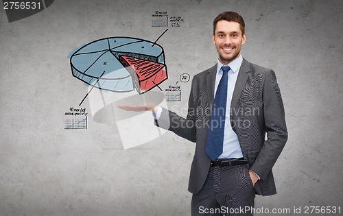 Image of man showing growing chart on the palm of his hand