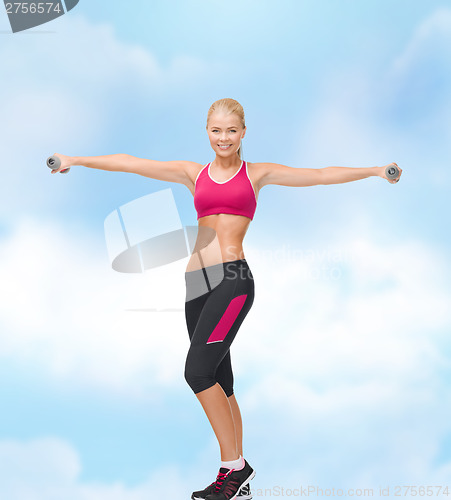 Image of young sporty woman with light dumbbells