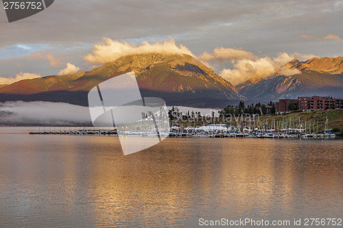 Image of sunrise over Lake Dillon and marina