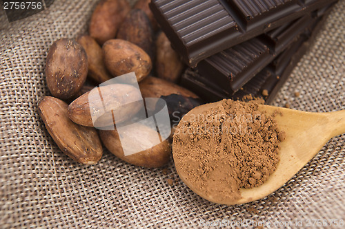 Image of Cocoa (cacao) beans with chocolate