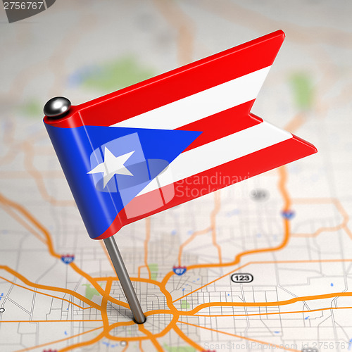 Image of Puerto Rico Small Flag on a Map Background.