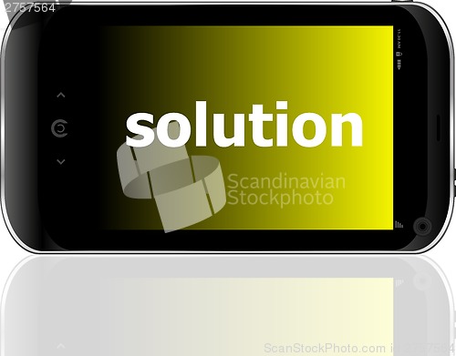 Image of smartphone with word solution on display, business concept