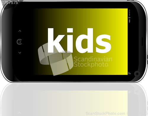 Image of smart phone with kids word, social concept