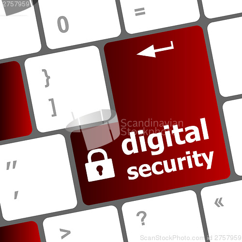 Image of Safety concept: computer keyboard with digital security icon on enter button background
