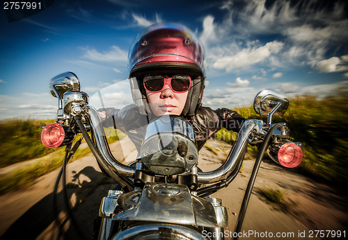 Image of Biker girl and motorcycle (fisheye lens)