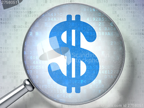 Image of Currency concept:  Dollar with optical glass on digital backgrou