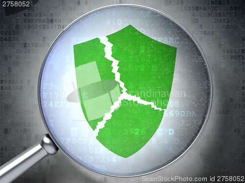 Image of Privacy concept:  Broken Shield with optical glass on digital ba