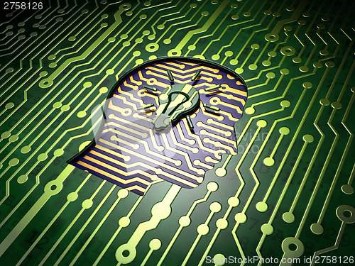Image of Advertising concept: Head With Light Bulb on circuit board backg
