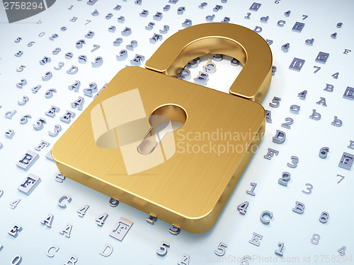 Image of Information concept: Golden Closed Padlock on digital background