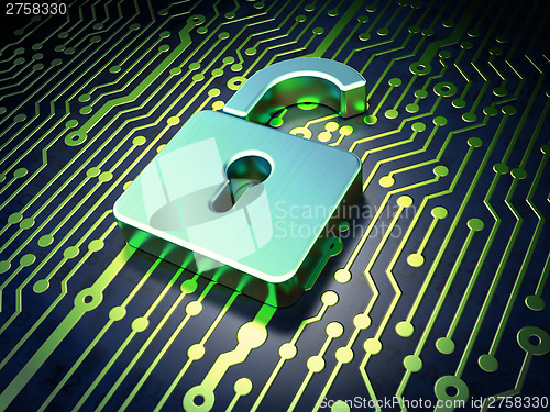 Image of Data concept: Opened Padlock on circuit board background