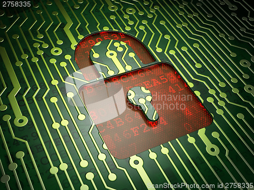 Image of Data concept: Closed Padlock on circuit board background