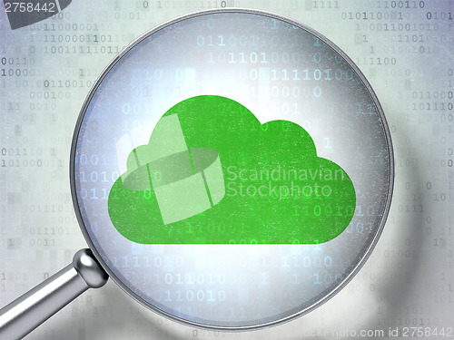 Image of Cloud computing concept:  Cloud with optical glass on digital ba
