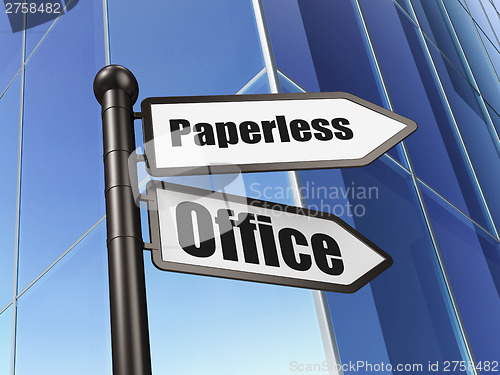 Image of Finance concept: Paperless Office on Building background