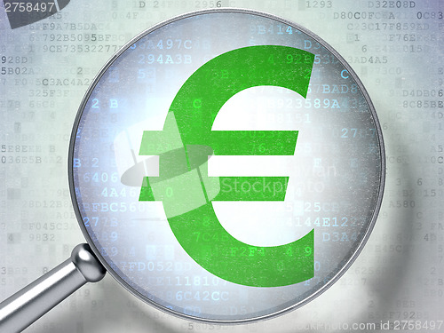 Image of Currency concept:  Euro with optical glass on digital background