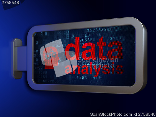 Image of Data concept: Data Analysis and Head With Gears on billboard bac