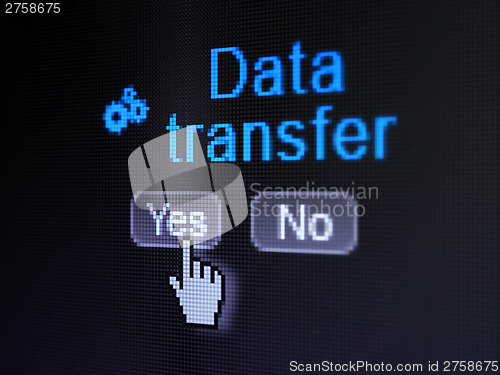 Image of Data concept: Gears icon and Data Transfer on digital computer s