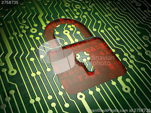 Image of Security concept: Closed Padlock on circuit board background