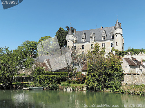 Image of Montresor village and castle seen from the Indrois river, France