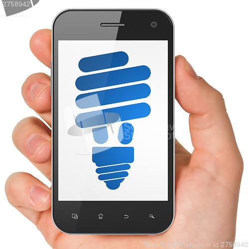 Image of Business concept: Energy Saving Lamp on smartphone