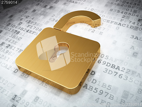 Image of Information concept: Golden Opened Padlock on digital background