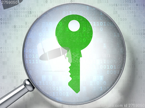 Image of Safety concept:  Key with optical glass on digital background