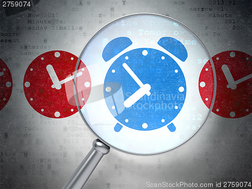 Image of Time concept: Alarm Clock with optical glass on digital backgrou