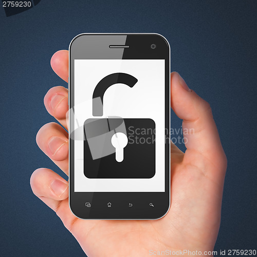 Image of Data concept: Opened Padlock on smartphone