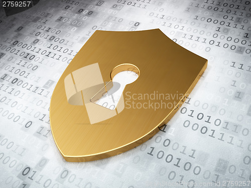 Image of Safety concept: Golden Shield With Keyhole on digital background