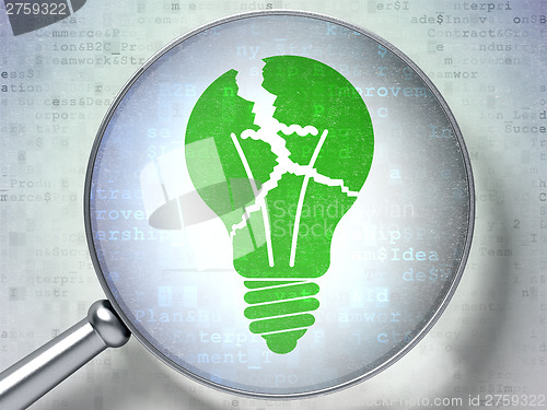Image of Finance concept:  Light Bulb with optical glass on digital backg