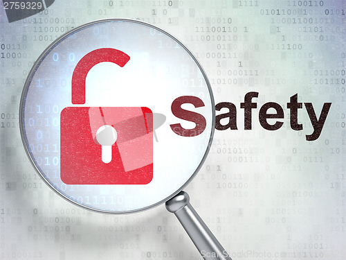 Image of Security concept: Opened Padlock and Safety with optical glass