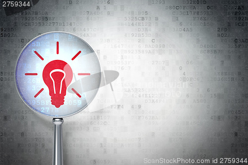 Image of Finance concept:  Light Bulb with optical glass on digital backg