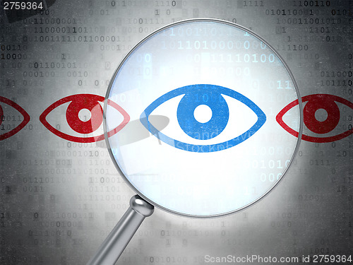 Image of Privacy concept: Eye with optical glass on digital background