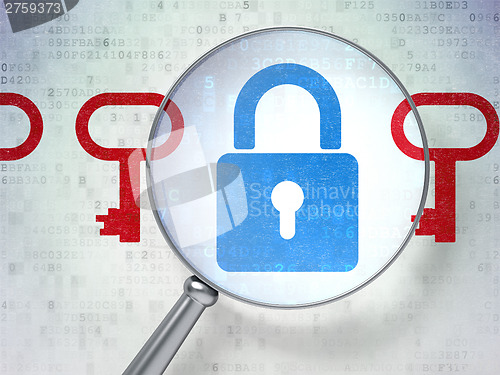 Image of Privacy concept: Padlock And Key with optical glass on digital b