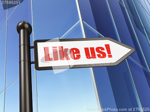 Image of Social media concept: Like us! on Building background