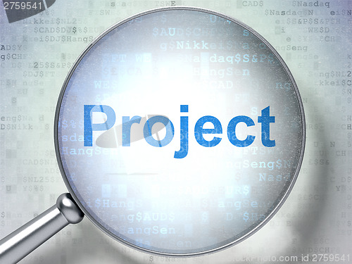 Image of Finance concept: Project with optical glass on digital backgroun