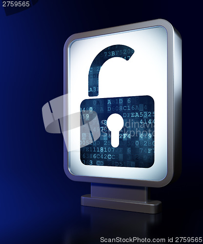 Image of Privacy concept: Opened Padlock on billboard background