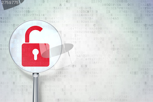 Image of Information concept:  Opened Padlock with optical glass on digit