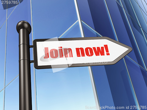 Image of Social network concept: Join now! on Building background