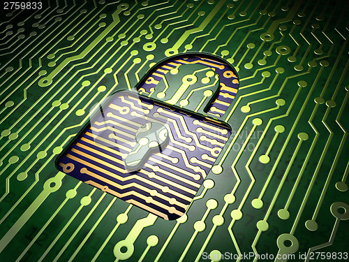 Image of Protection concept: Closed Padlock on circuit board background