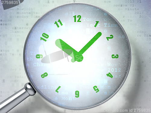 Image of Timeline concept:  Clock with optical glass on digital backgroun