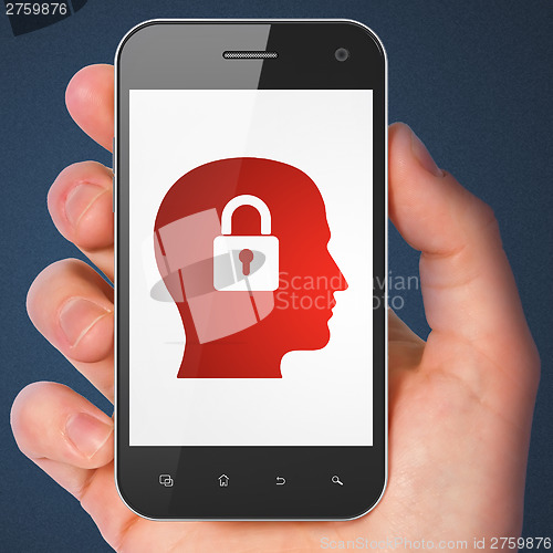 Image of Information concept: Head Whis Padlock on smartphone