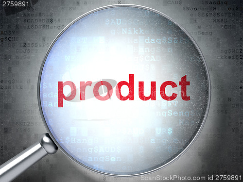 Image of Marketing concept: Product with optical glass on digital backgro