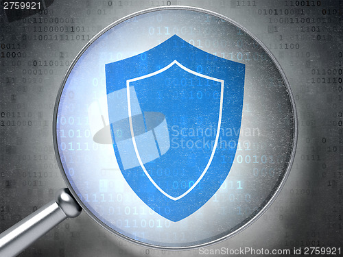 Image of Safety concept:  Shield with optical glass on digital background