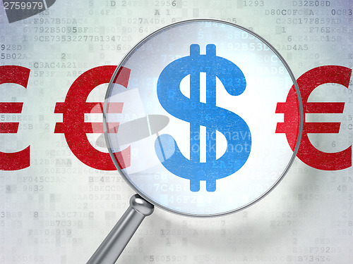 Image of Currency concept: Dollar And Euro with optical glass on digital