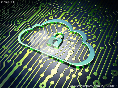 Image of Cloud technology concept: Cloud Whis Padlock on circuit board ba
