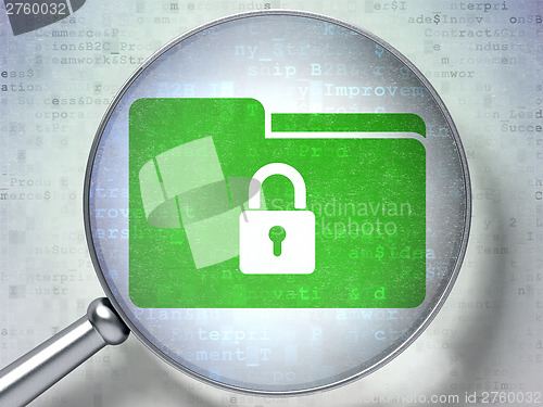 Image of Business concept:  Folder with optical glass on digital backgrou