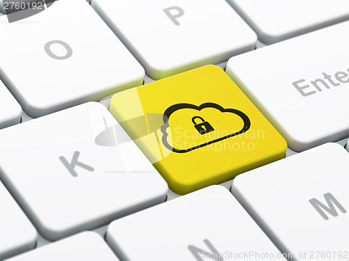 Image of Cloud technology concept: Cloud Whis Padlock on computer keyboar