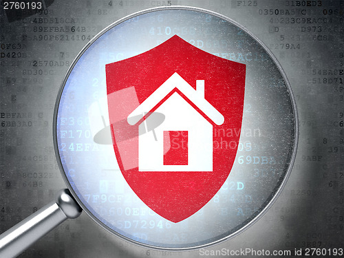 Image of Safety concept:  Shield with optical glass on digital background